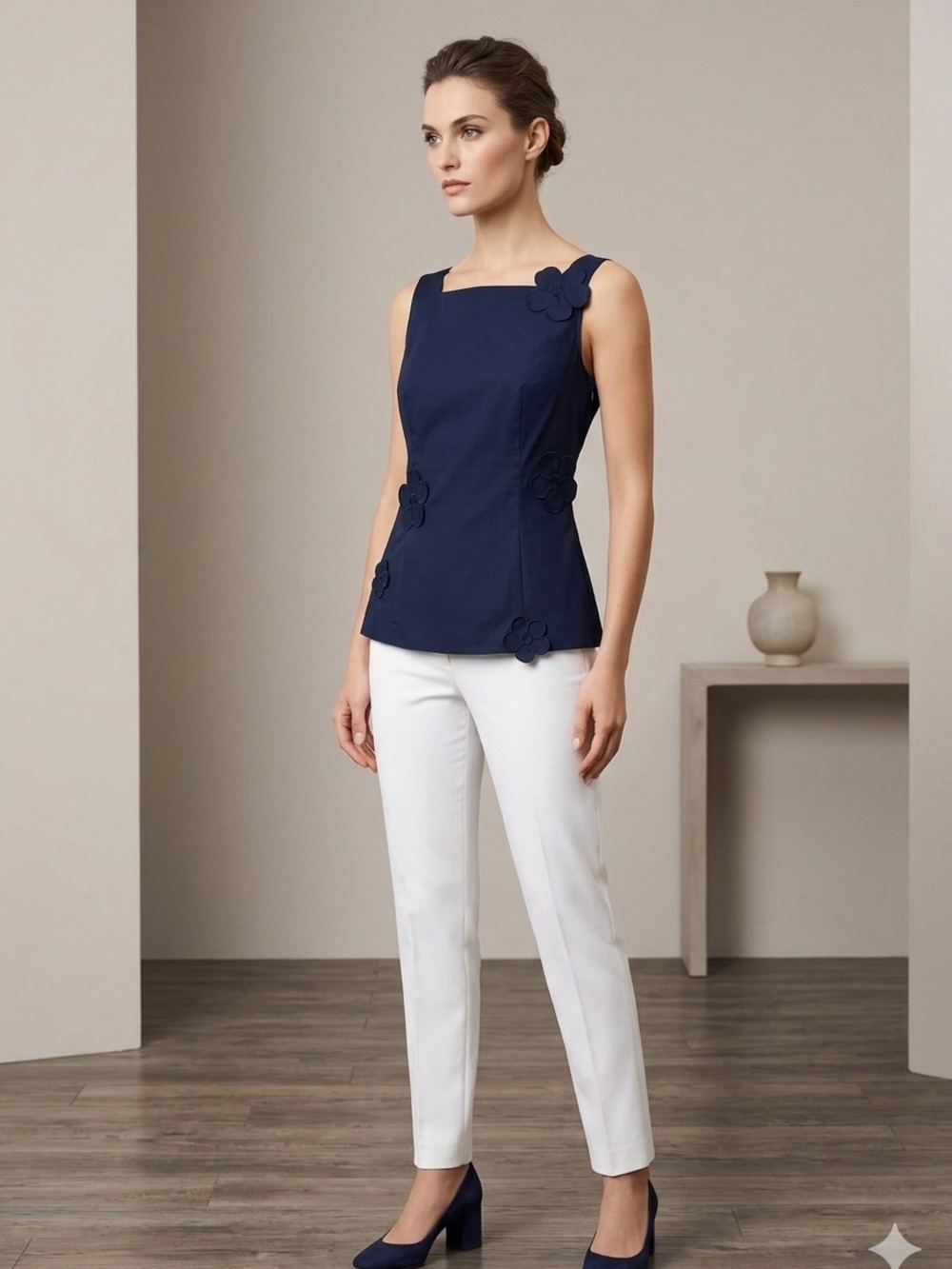 Akris Punto Dark Blue/Navy 100% Cotton 3D Floral Applique Square Neck Top SZ 6